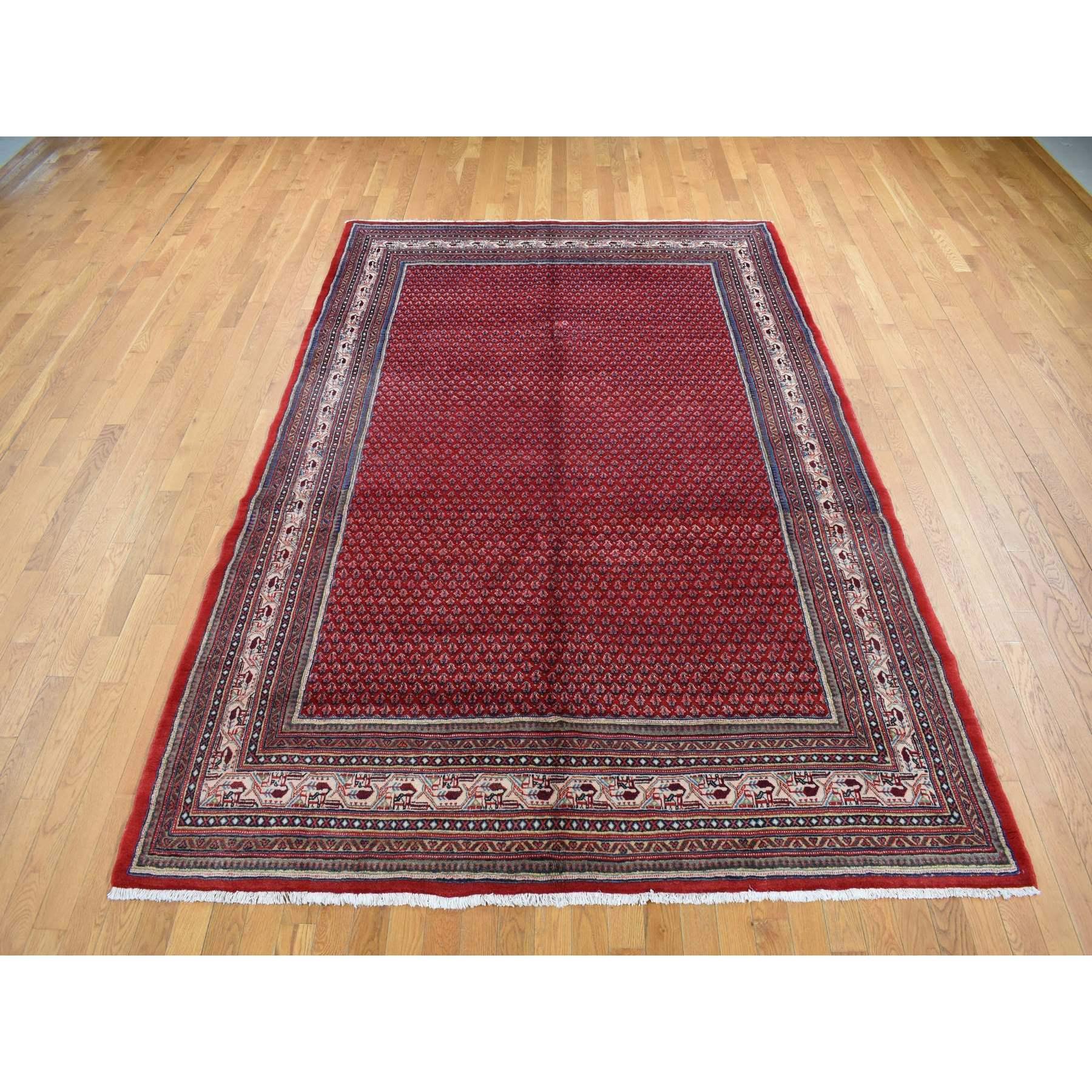 Fire Brick Red, New Persian Sarouk Mir with Small Repetitive Boteh Design, Pure Wool, Hand Knotted, Oriental Rug
Primary materials: Wool
Latex: No Pile 
height: 0.25 Inches
Style: Traditional
Primary color: Red
Secondary colors: Blue, Yale Blue,