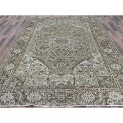 7'1"x9'8" Beige Vintage and Worn Persian Heriz Hand Knotted Wool Oriental Rug