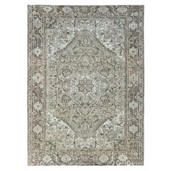 7'1"x9'8" Beige Vintage and Worn Persian Heriz Hand Knotted Wool Oriental Rug