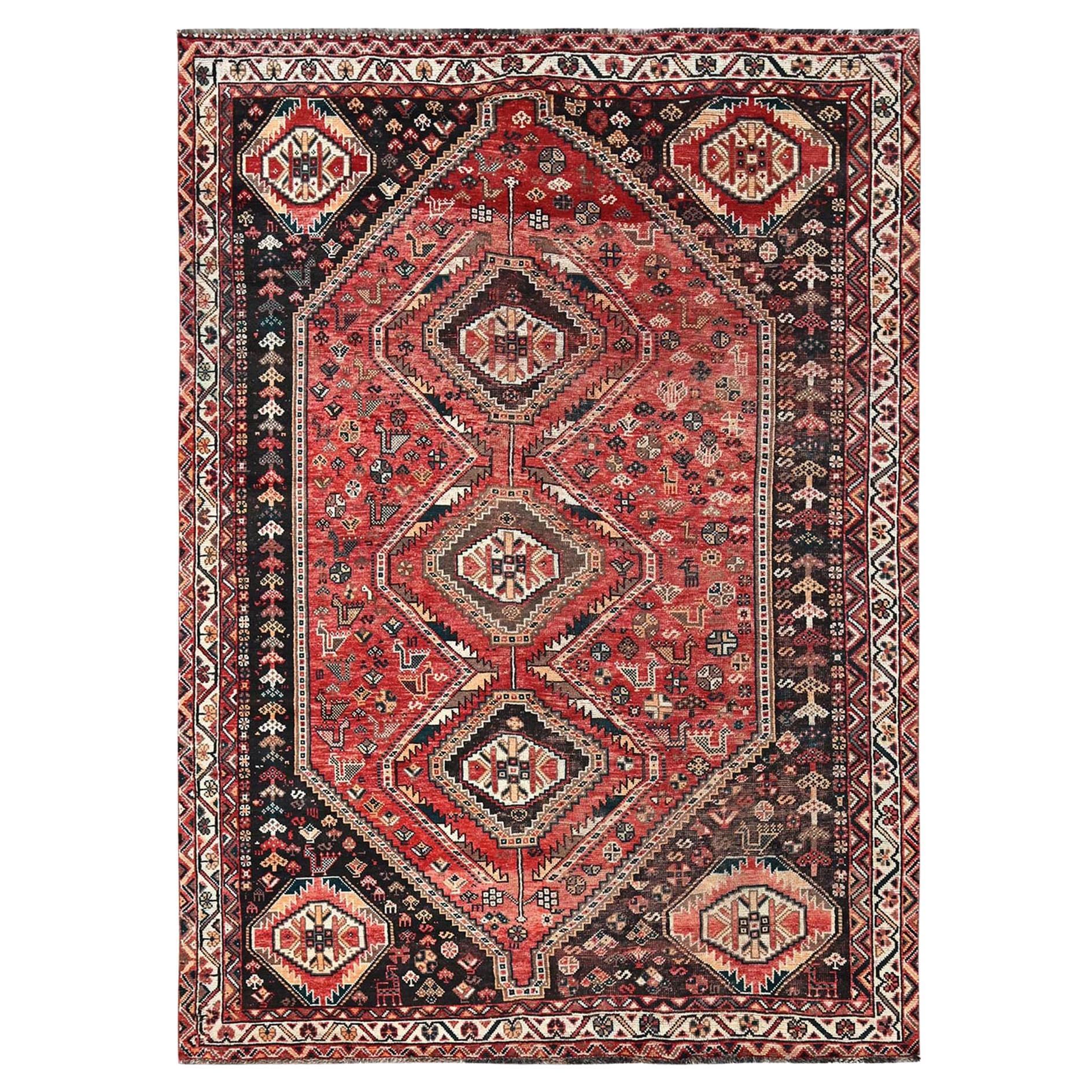 7'1"x9'9" Koralle Rot Vintage Persischer Shiraz Handgeknüpfter Orientalischer Teppich aus reiner Wolle