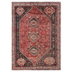 7'1"x9'9" Koralle Rot Vintage Persischer Shiraz Handgeknüpfter Orientalischer Teppich aus reiner Wolle