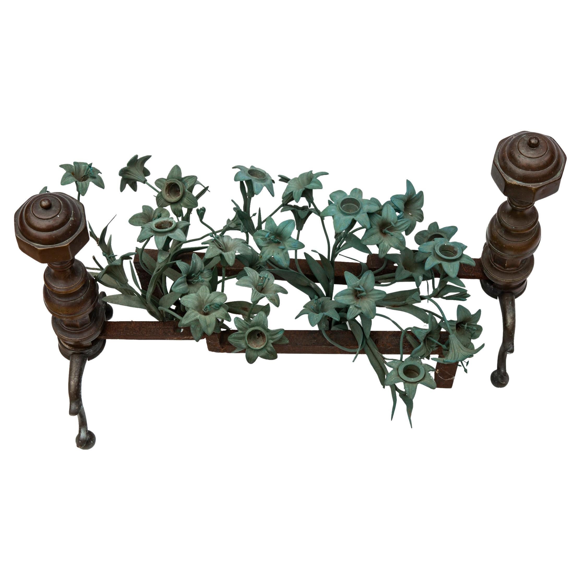 Finely crafted brass andirons shown with antique Victorian brass flower bouquets with decorative stems & leaves. Some of the flowers can be fit with candles.
The bouquets present a unique display/ fireplace focal point when fireplace is not in