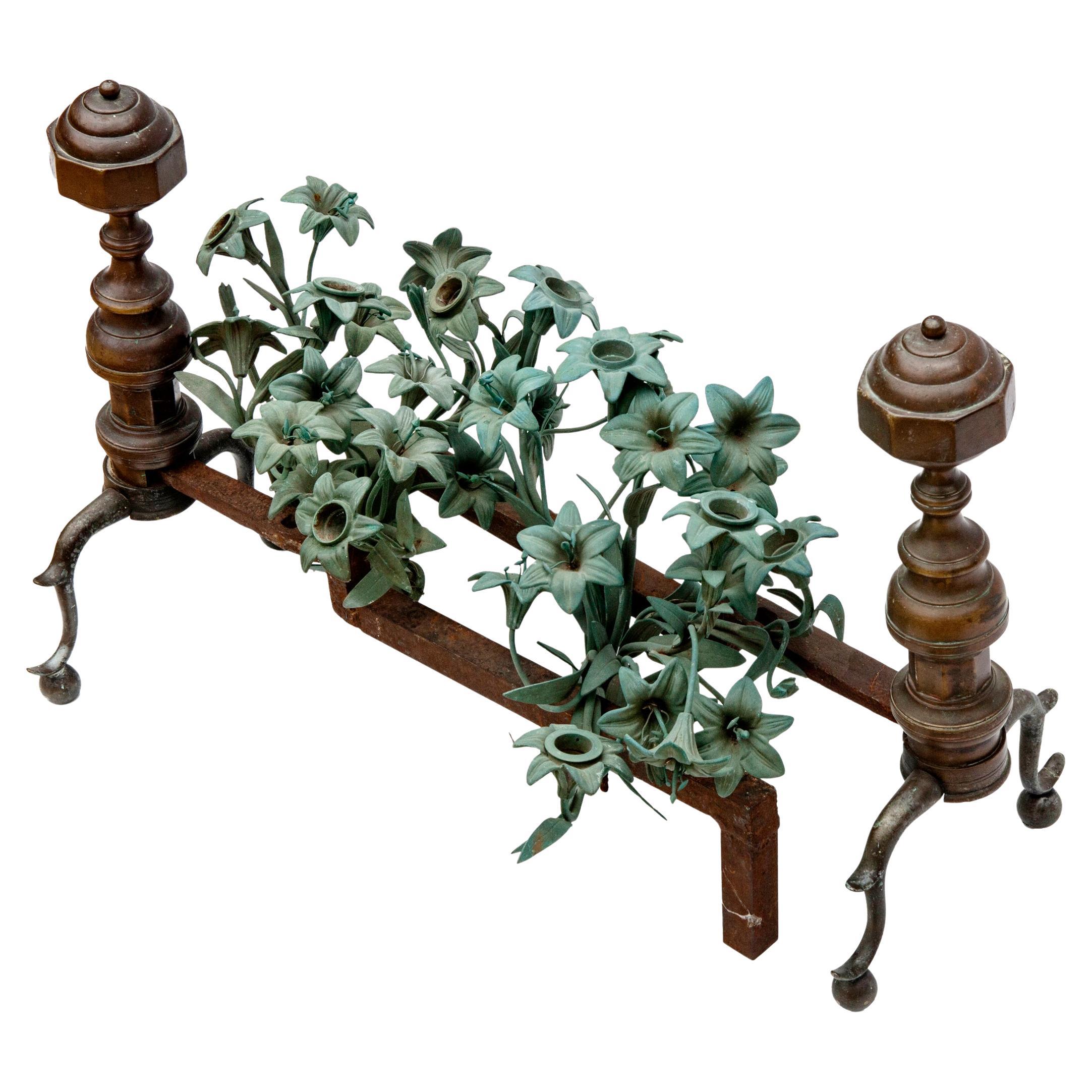 19th Century Andirons with Patinated Bronze Flower Bouquets For Sale
