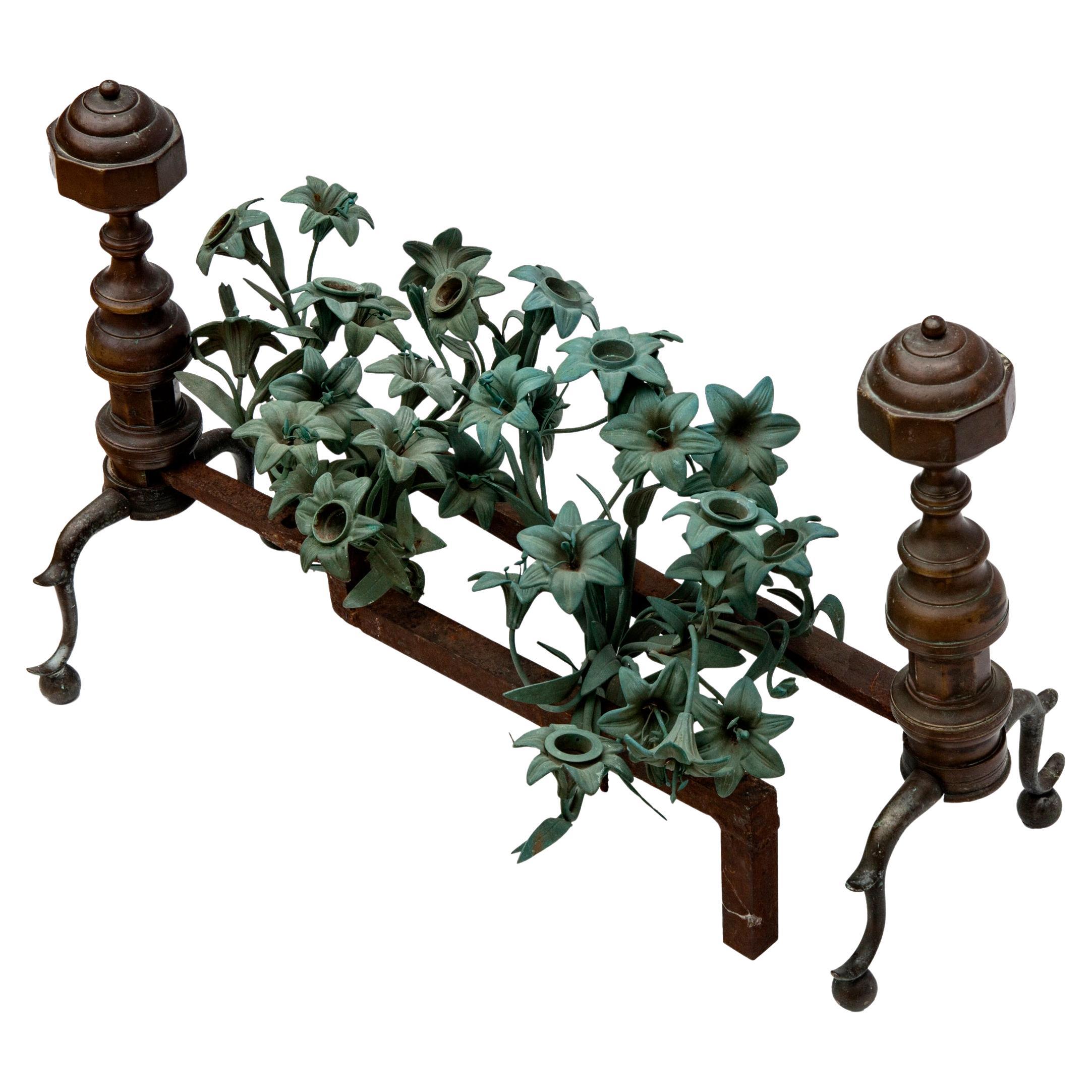 Brass Andirons with Patinated Bronze Flower Bouquets For Sale