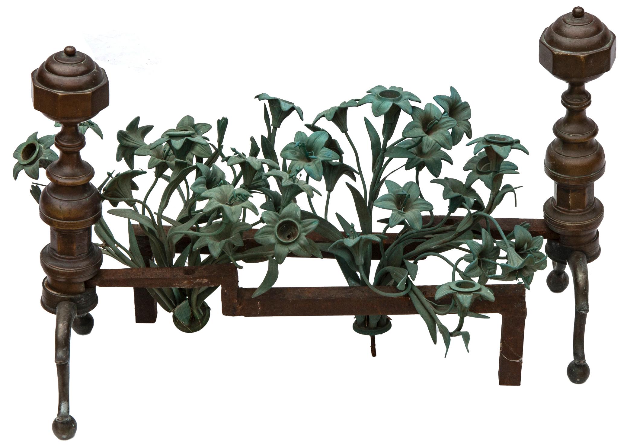 Andirons with Patinated Bronze Flower Bouquets For Sale 1