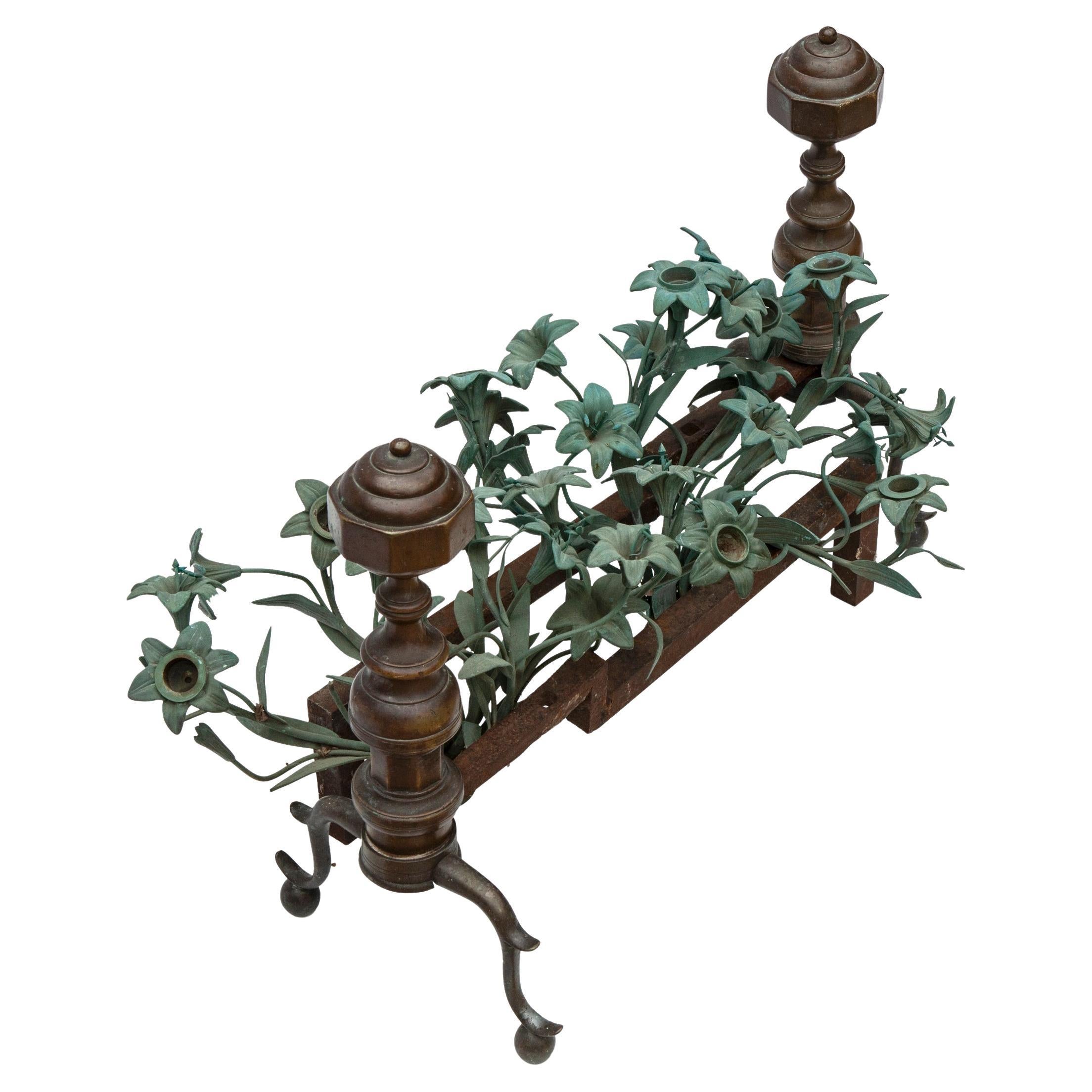 Andirons with Patinated Bronze Flower Bouquets For Sale