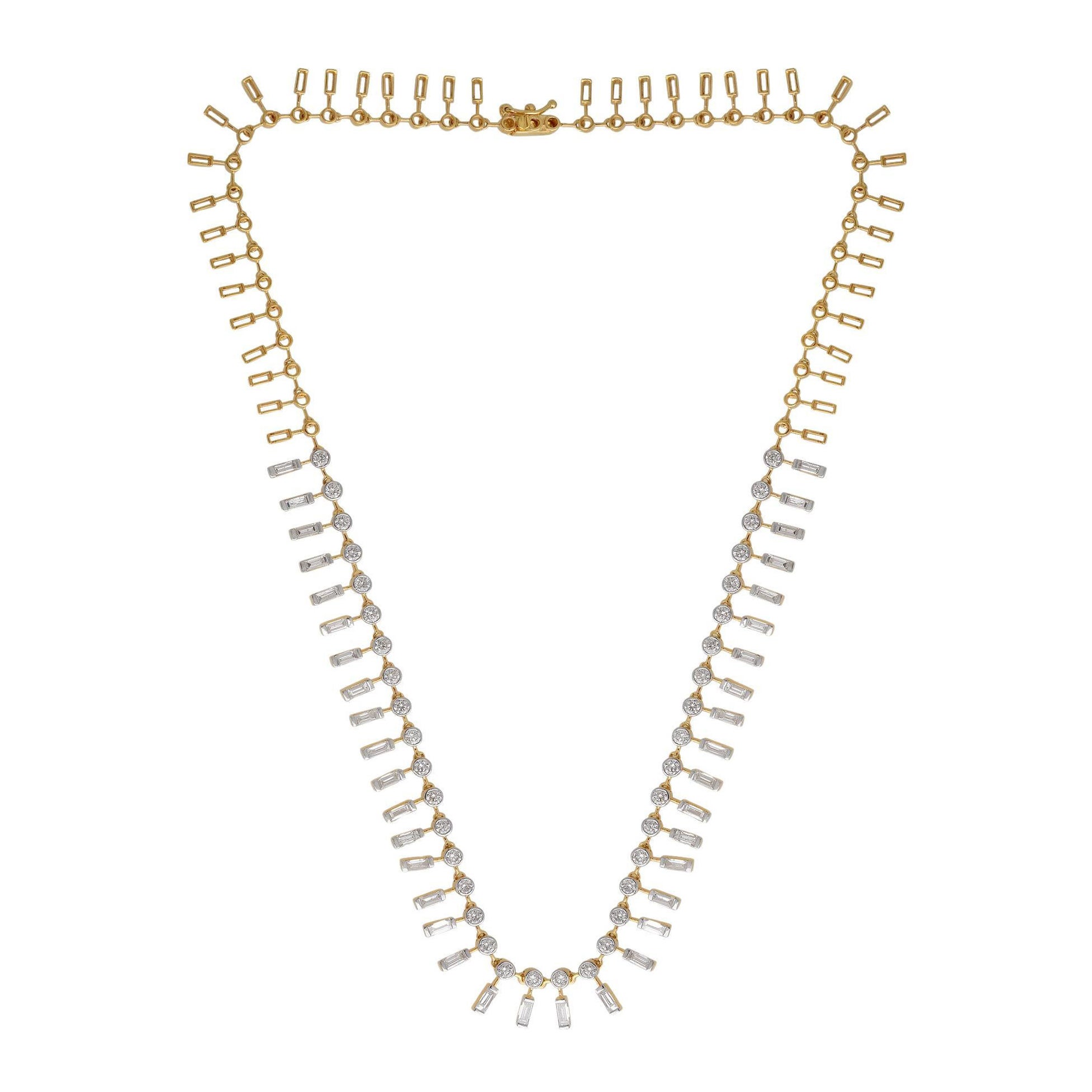7.2 Carat Baguette and Round Cut Chain Necklace 14 Karat Yellow Gold Jewelry For Sale