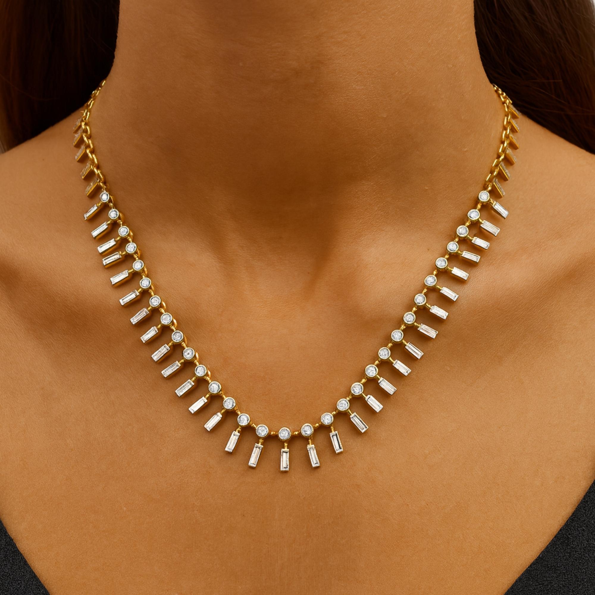 7.2 Carat Baguette and Round Cut Chain Necklace 18 Karat Yellow Gold Jewelry 
The necklace features an alternating pattern of slender baguette diamonds and round-cut stones, meticulously flatters the neckline.
Diamonds are a universal symbol of
