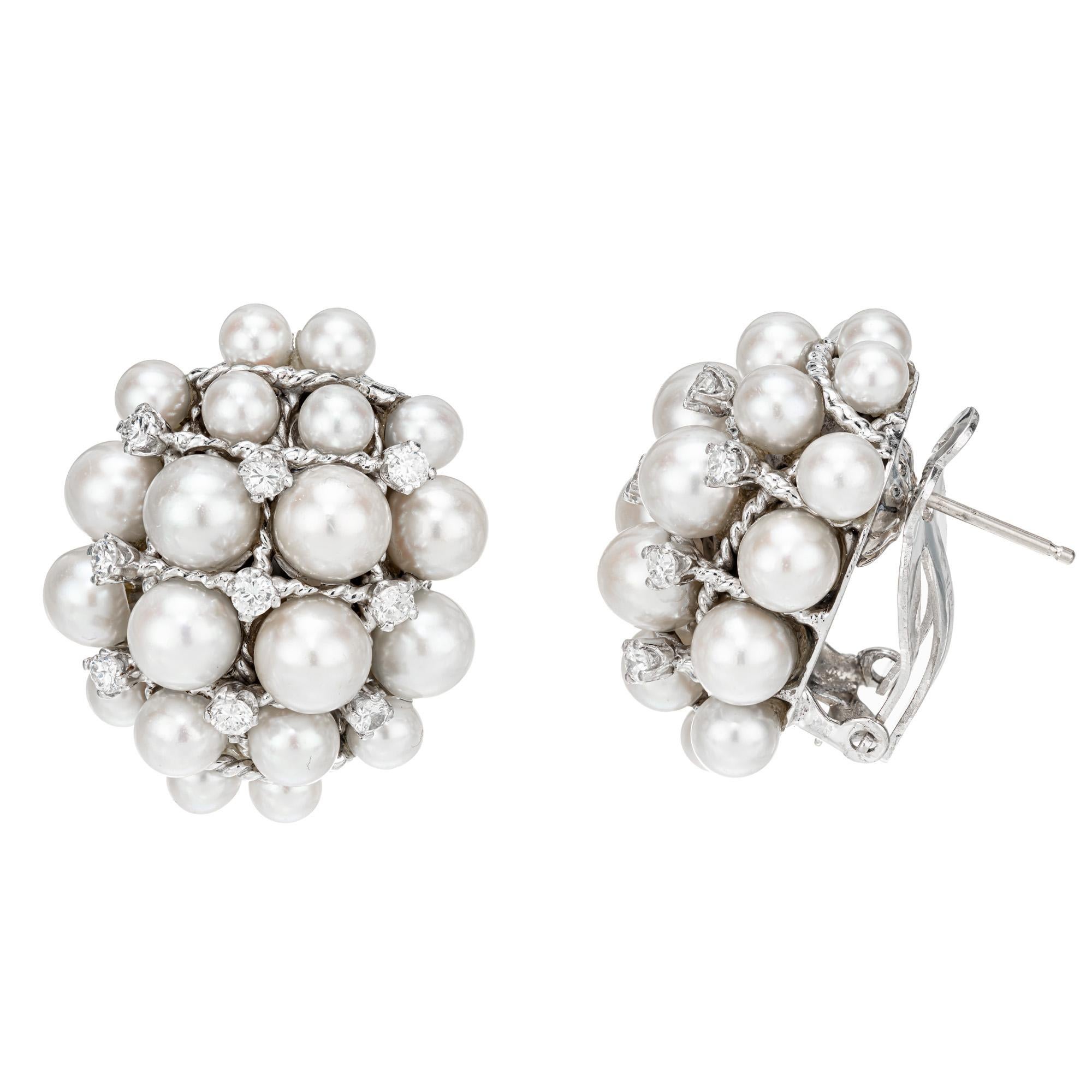 Round Cut .72 Carat Diamond Cultured Pearl White Gold Clip Post Cluster Earrings  For Sale