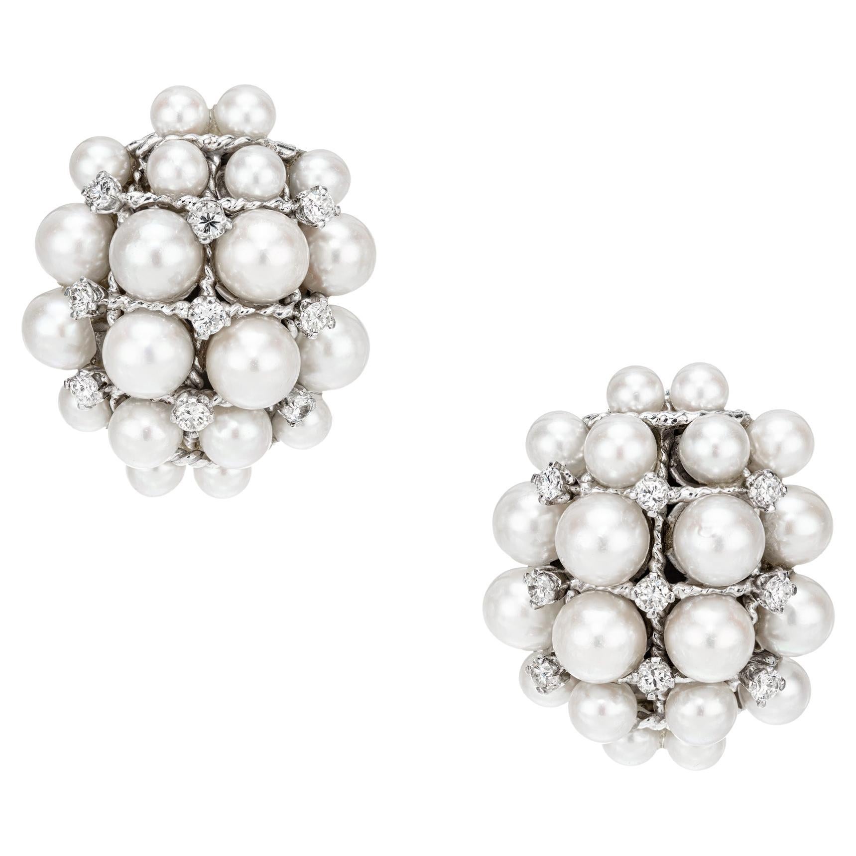 .72 Carat Diamond Cultured Pearl White Gold Clip Post Cluster Earrings  For Sale