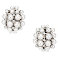 Vintage .72 Carat Diamond Cultured Pearl White Gold Clip Post Cluster Earrings 