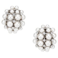 .72 Carat Diamond Cultured Pearl White Gold Clip Post Cluster Earrings