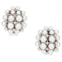 .72 Carat Diamond Cultured Pearl White Gold Clip Post Cluster Earrings 