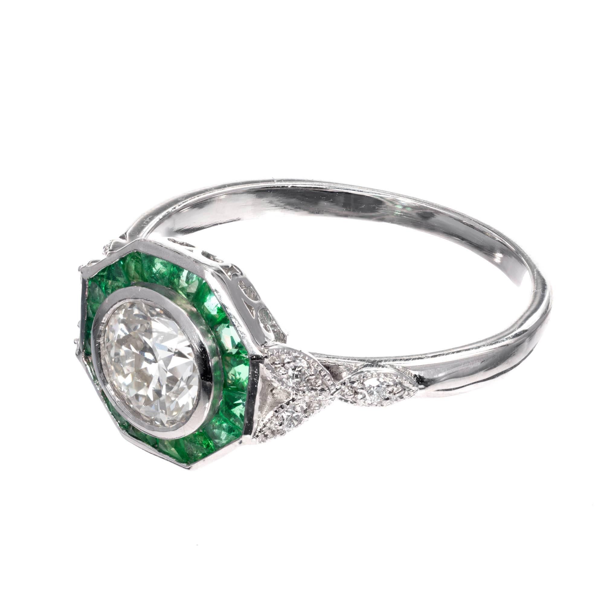 Round Cut .72 Carat Diamond Emerald Halo Platinum Engagement Ring