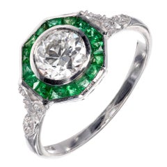 Antique .72 Carat Diamond Emerald Halo Platinum Engagement Ring
