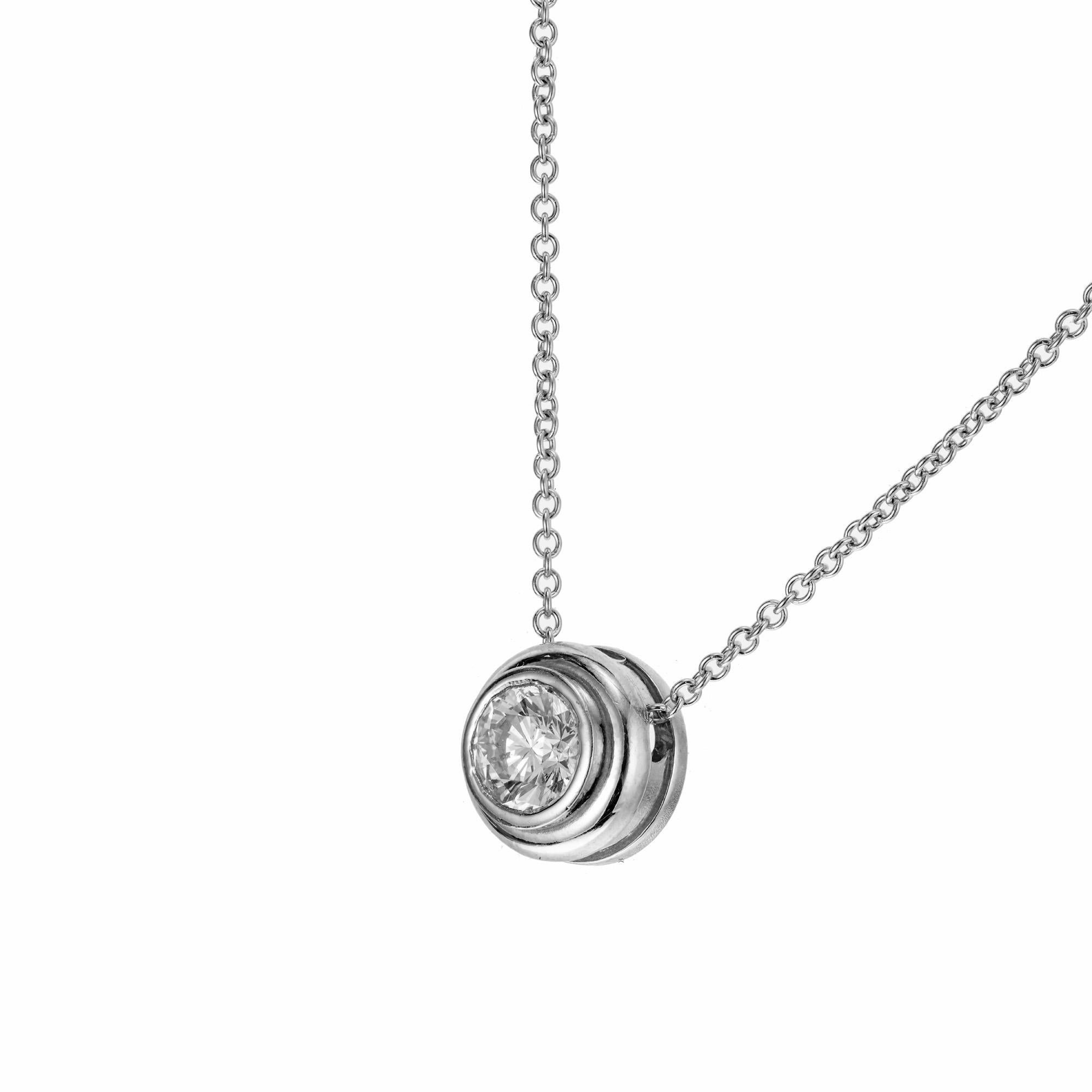 Pendentif en diamant coulissant Collier. Certifié par EGL. Diamant taille brillant de 0,72 ct, serti dans de l'or blanc 14k. longueur de 16 pouces. Vers 1990.

1 diamant rond taille brillant, poids total approx. 0,72 ct, H-I, SI3, certificat EGL#