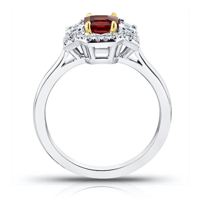 Contemporary .72 Carat Emerald Cut  Natural No Heat Ruby and Diamond Platinum and 18k Ring