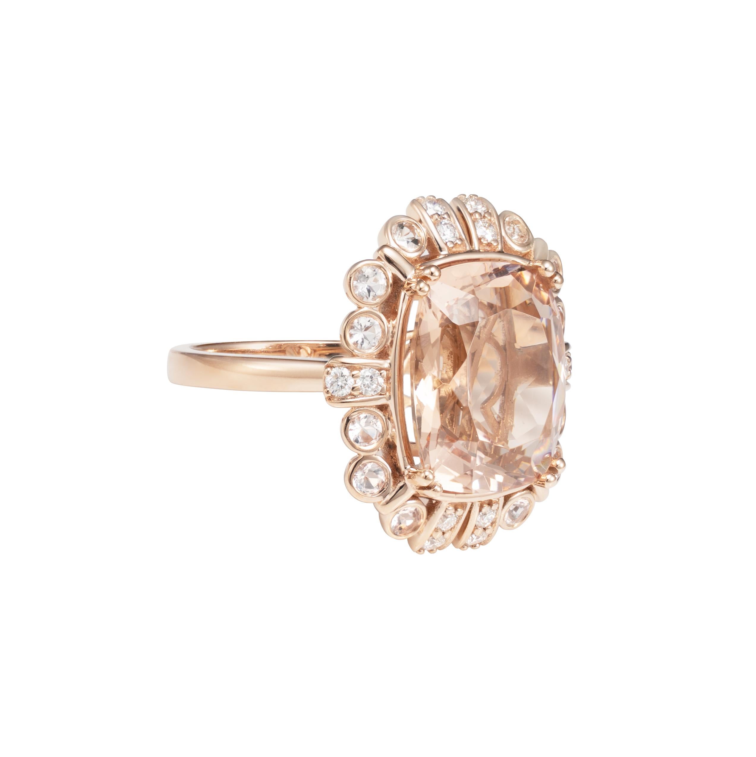 This collection features an array of magnificent morganites! Accented with more morganites and diamonds these rings are made in rose gold and present a classic yet elegant look. 

Classic morganite ring in 18K rose gold with diamonds and morganites.