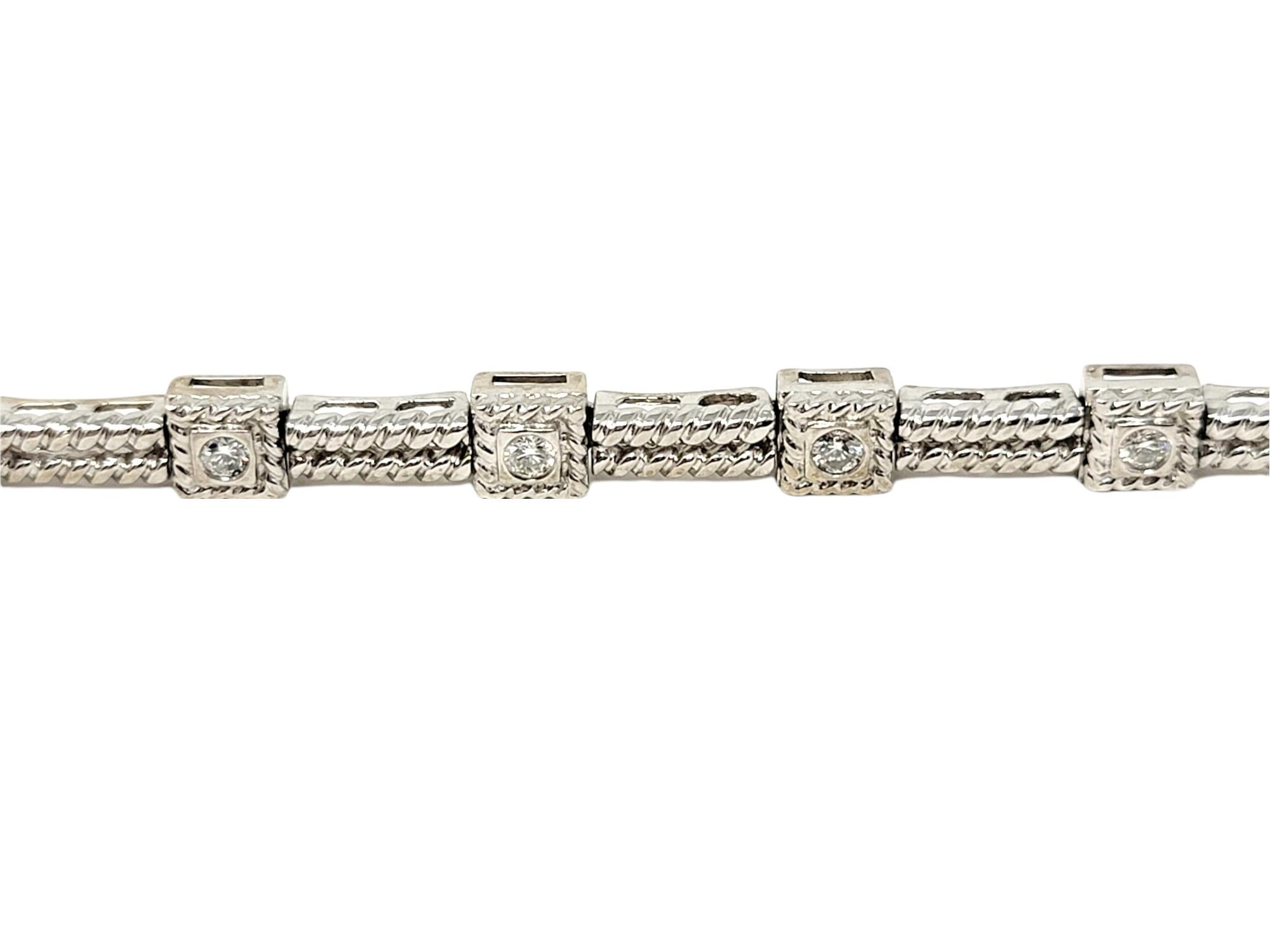 Contemporary .72 Carat Round Diamond Station Twisted Link Bracelet in 14 Karat White Gold For Sale