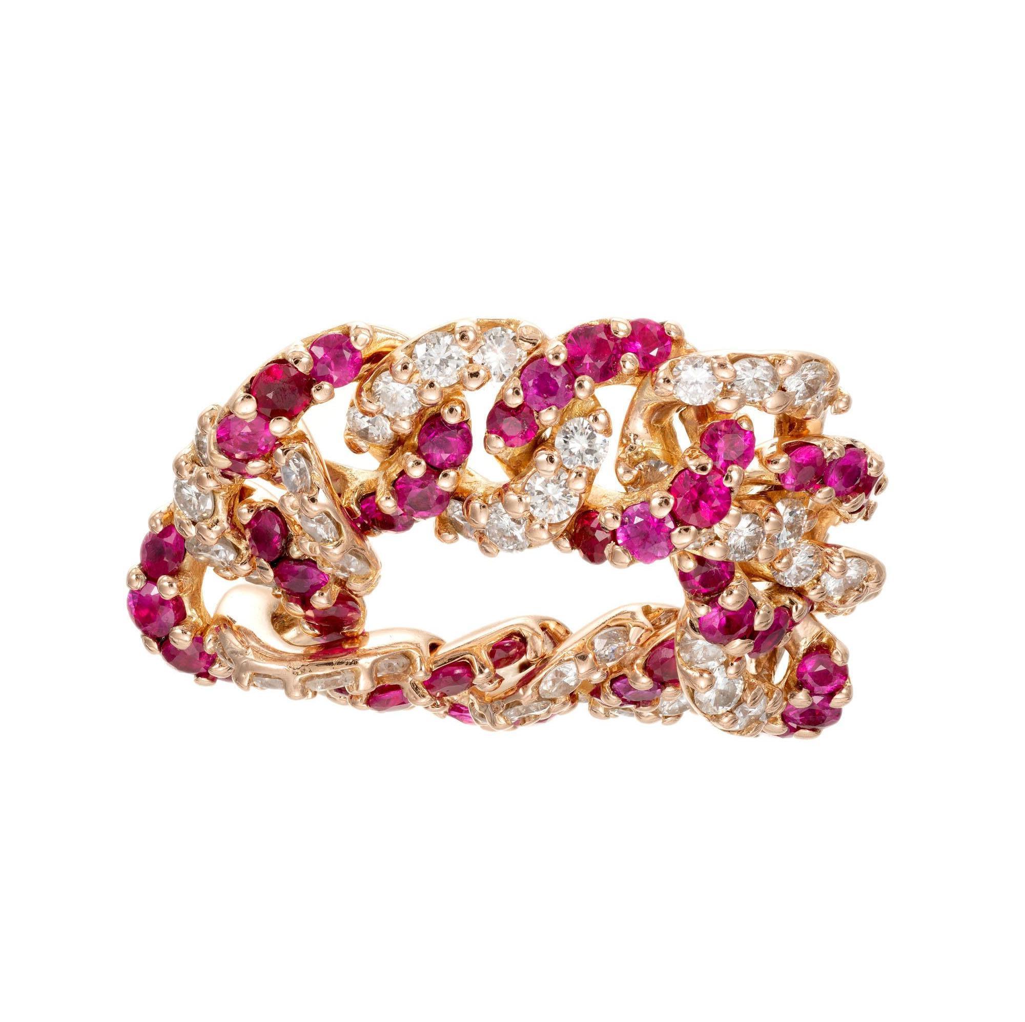 Round Cut .72 Carat Ruby Diamond Rose Gold Flexible Link Ring For Sale