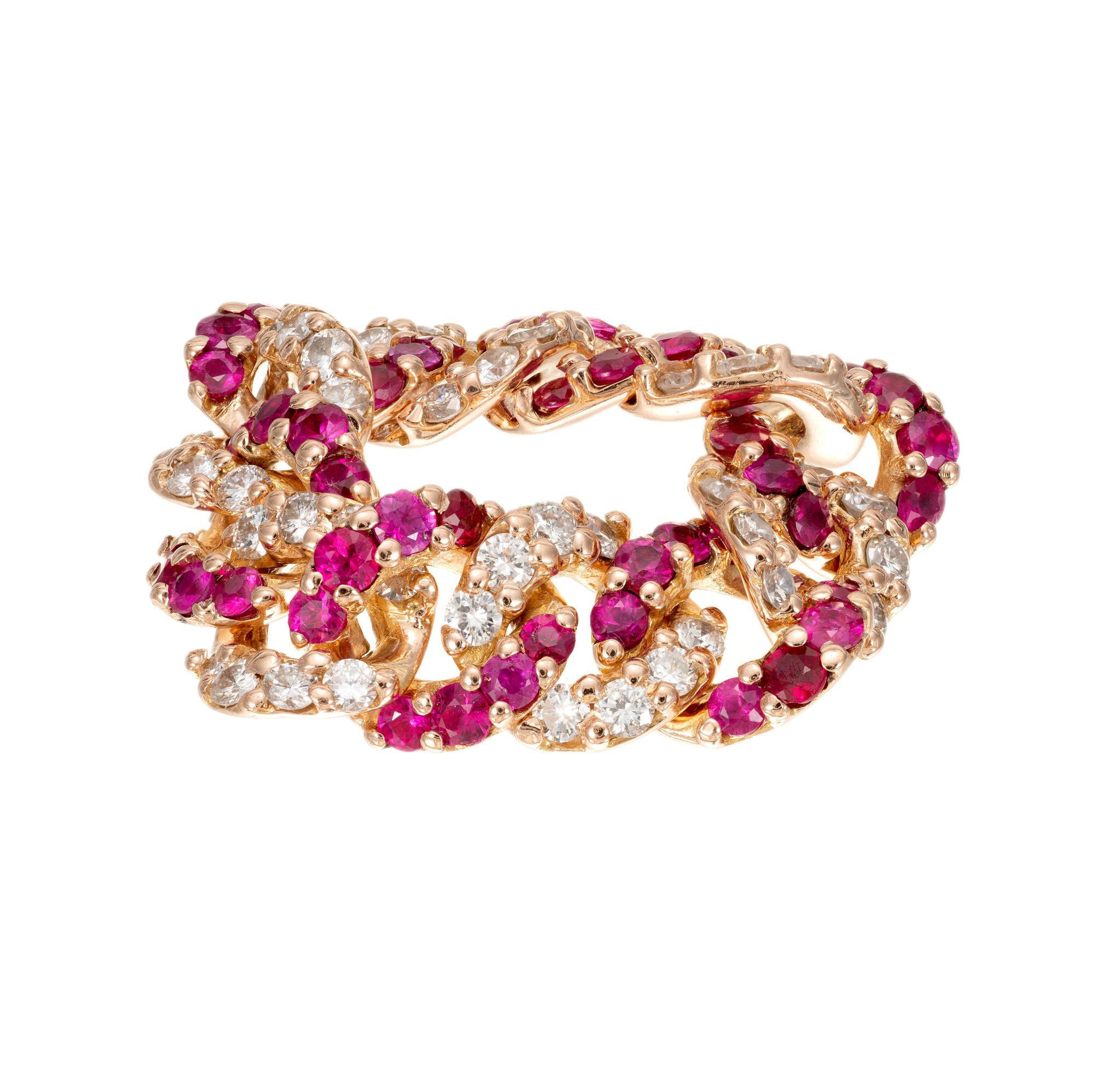 .72 Carat Ruby Diamond Rose Gold Flexible Link Ring In Good Condition For Sale In Stamford, CT