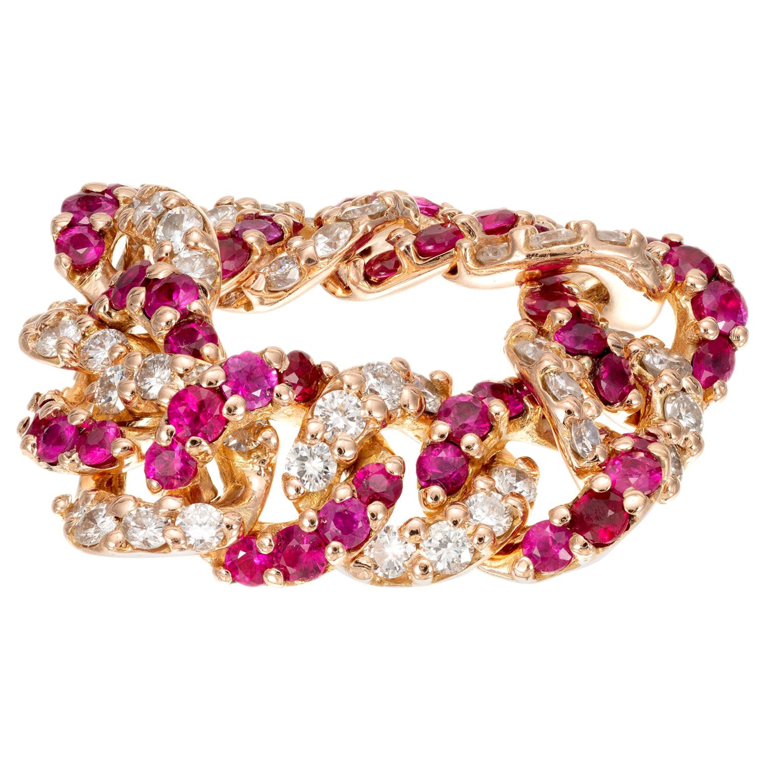 .72 Carat Ruby Diamond Rose Gold Flexible Link Ring For Sale