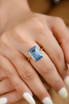 7.2 CTW Octagon Cut Swiss Blue Topaz Single Stone Ring 18k Solid Yellow Gold