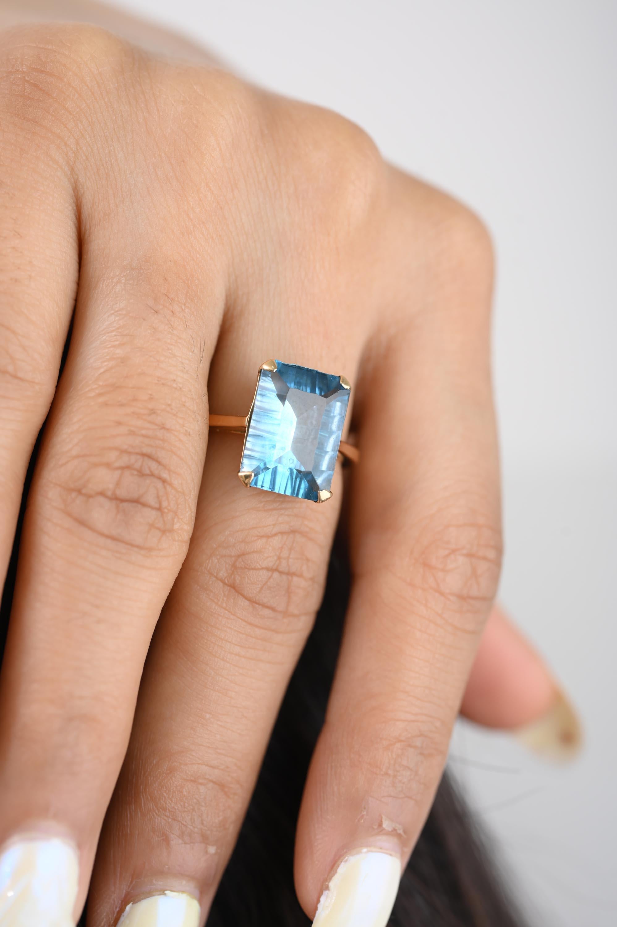For Sale:  7.2 CTW Octagon Cut Swiss Blue Topaz Single Stone Ring 18k Solid Yellow Gold 8