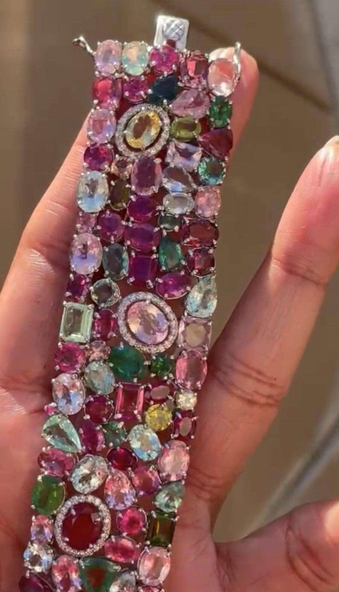 Oval Cut 72 carat Tourmaline Diamond Cuff, Multi color Tourmaline Bangle For Sale