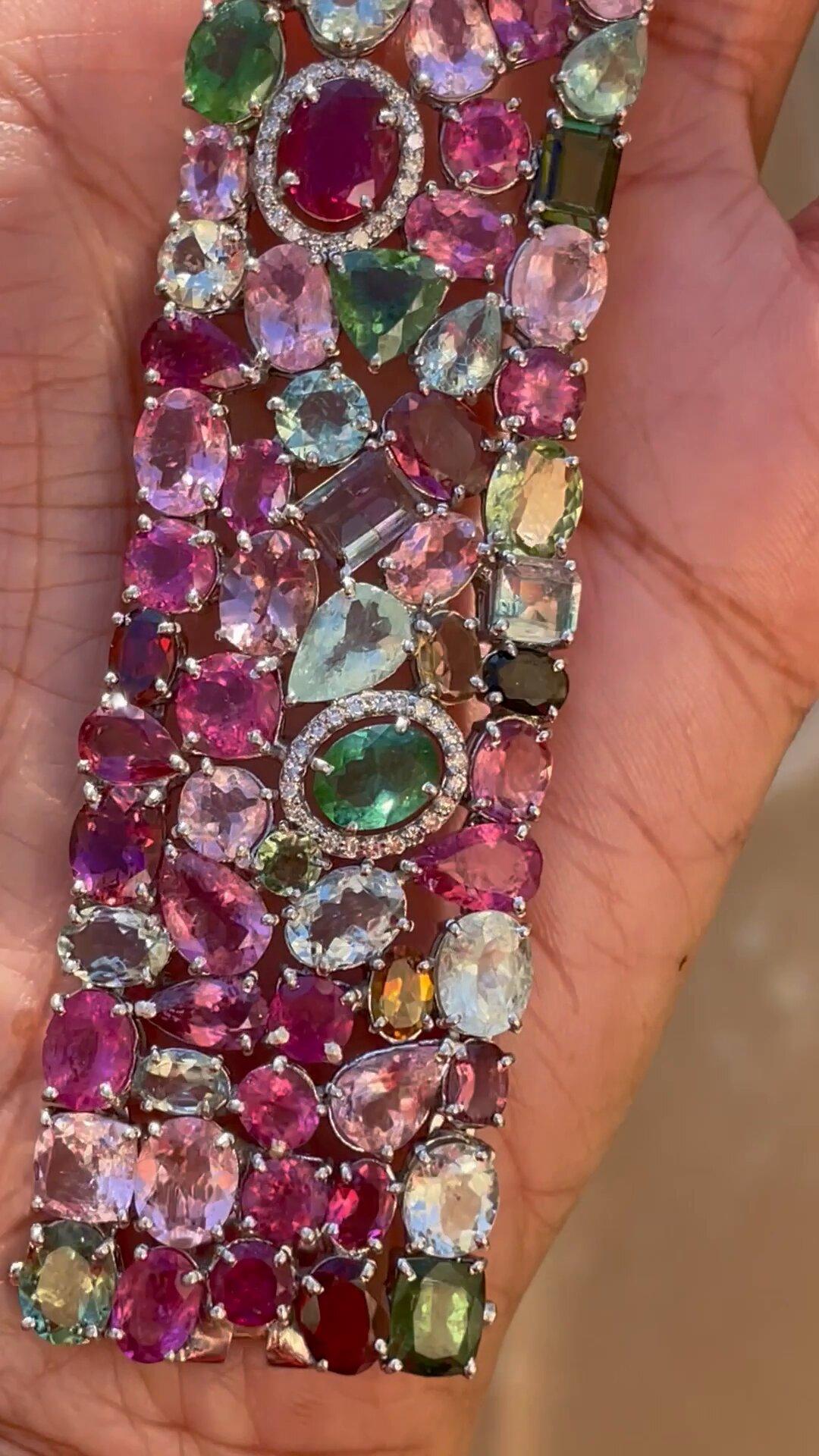 Women's or Men's 72 carat Tourmaline Diamond Cuff, Multi color Tourmaline Bangle For Sale