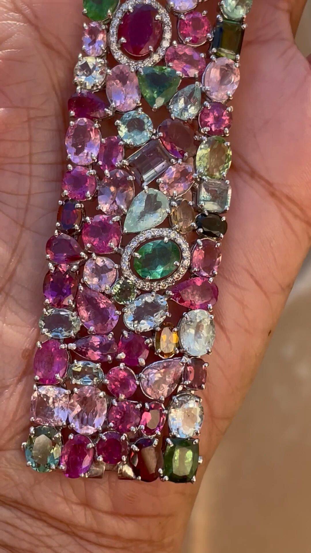 72 carat Tourmaline Diamond Cuff, Multi color Tourmaline Bangle For Sale 1