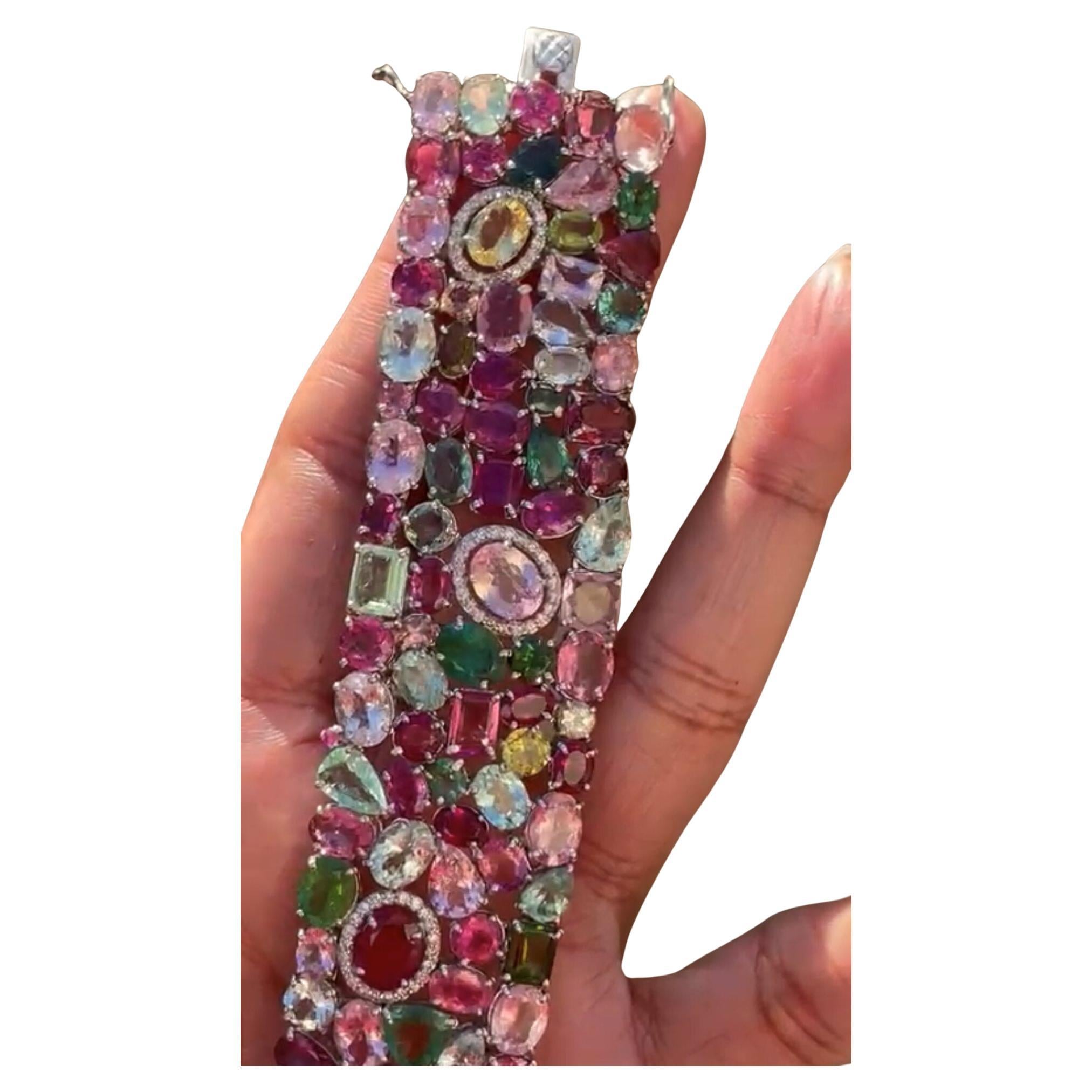 72 carat Tourmaline Diamond Cuff, Multi color Tourmaline Bangle For Sale