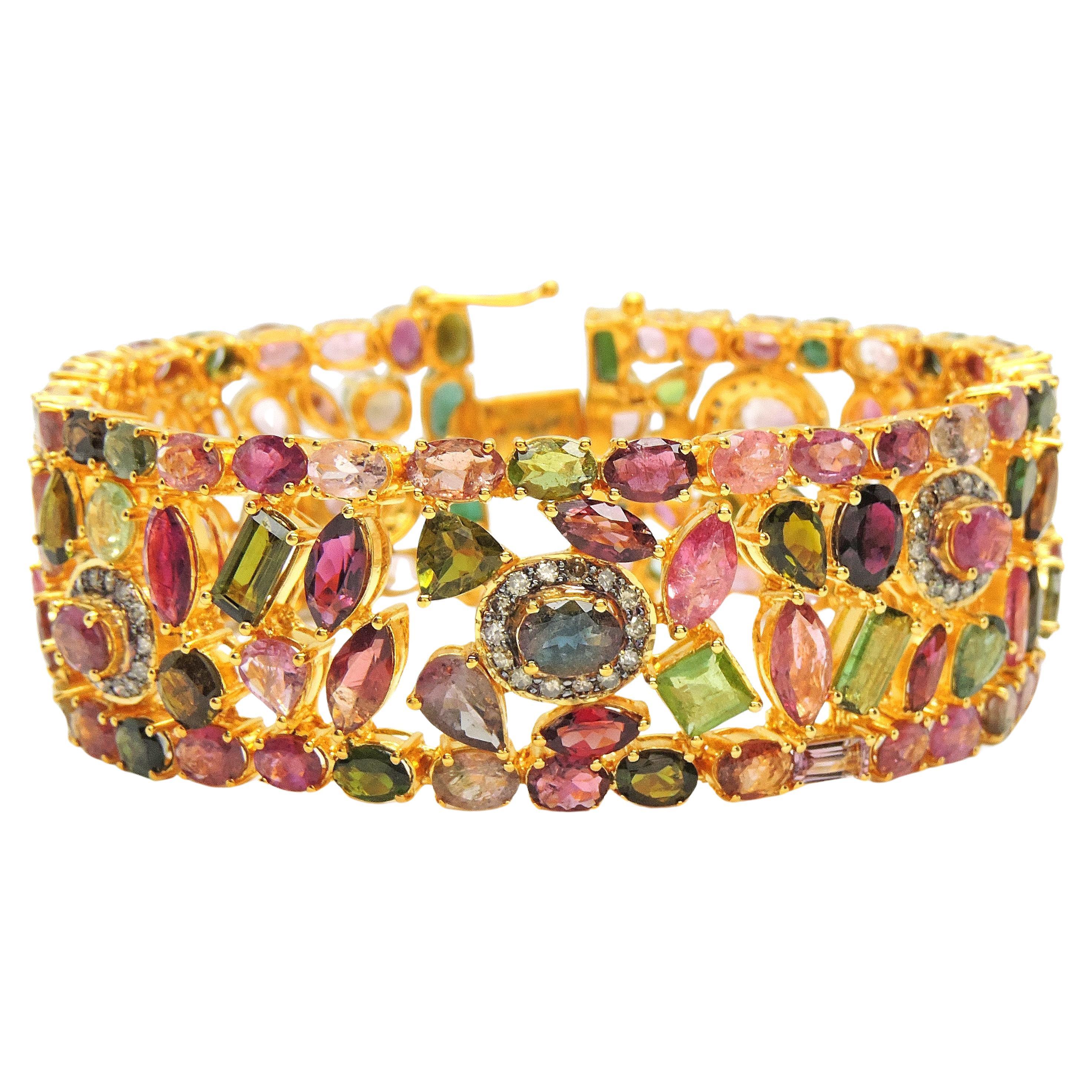 Manchette en tourmaline de 72 carats et diamants, bracelet jonc en tourmaline multicolore