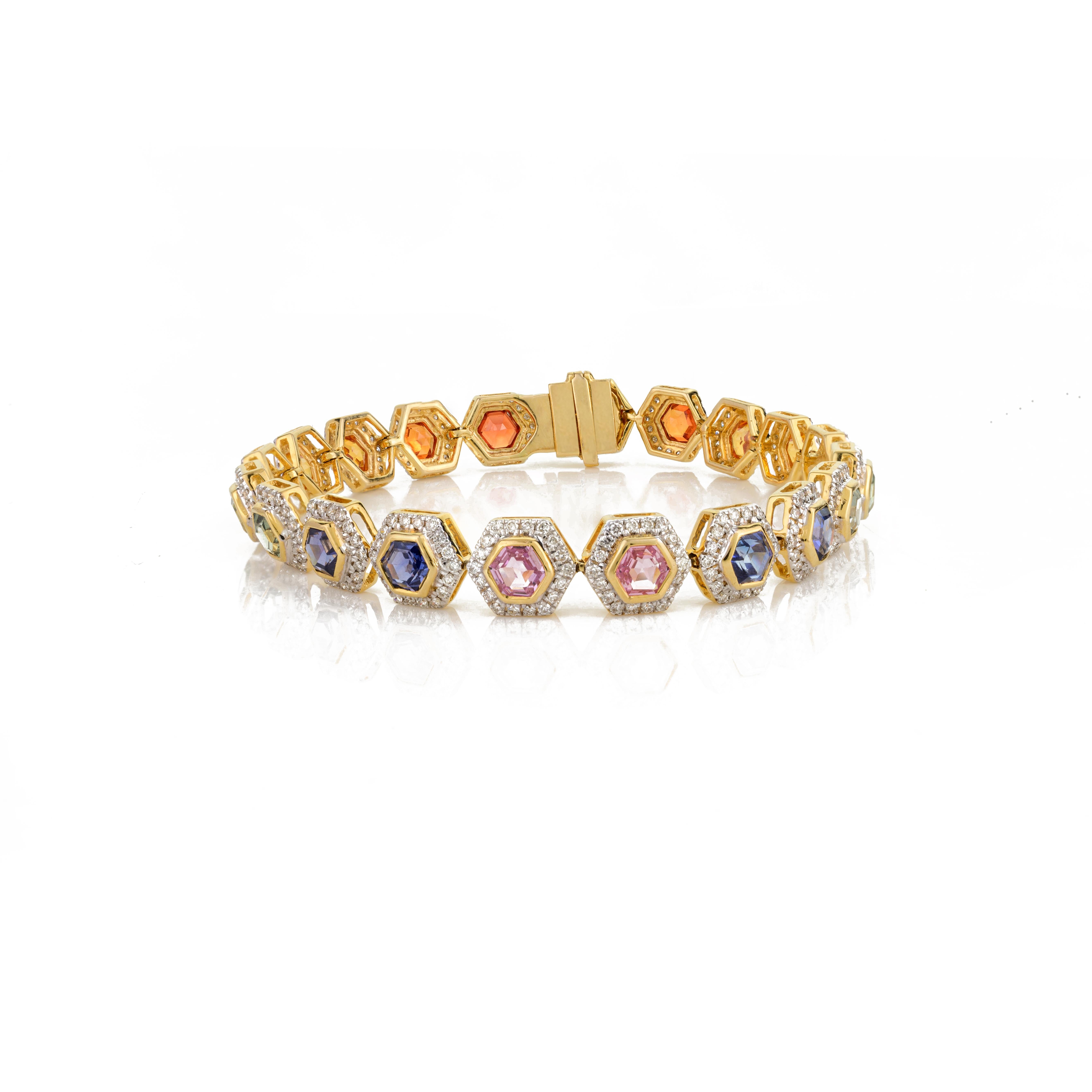 Women's 7.2 CTW Honeycomb Hexagon Multi Sapphire Diamond Halo 18k Yellow Gold Bracelet For Sale