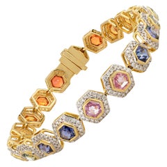 7.2 CTW Honeycomb Hexagon Multi Sapphire Diamond Halo 18k Yellow Gold Bracelet