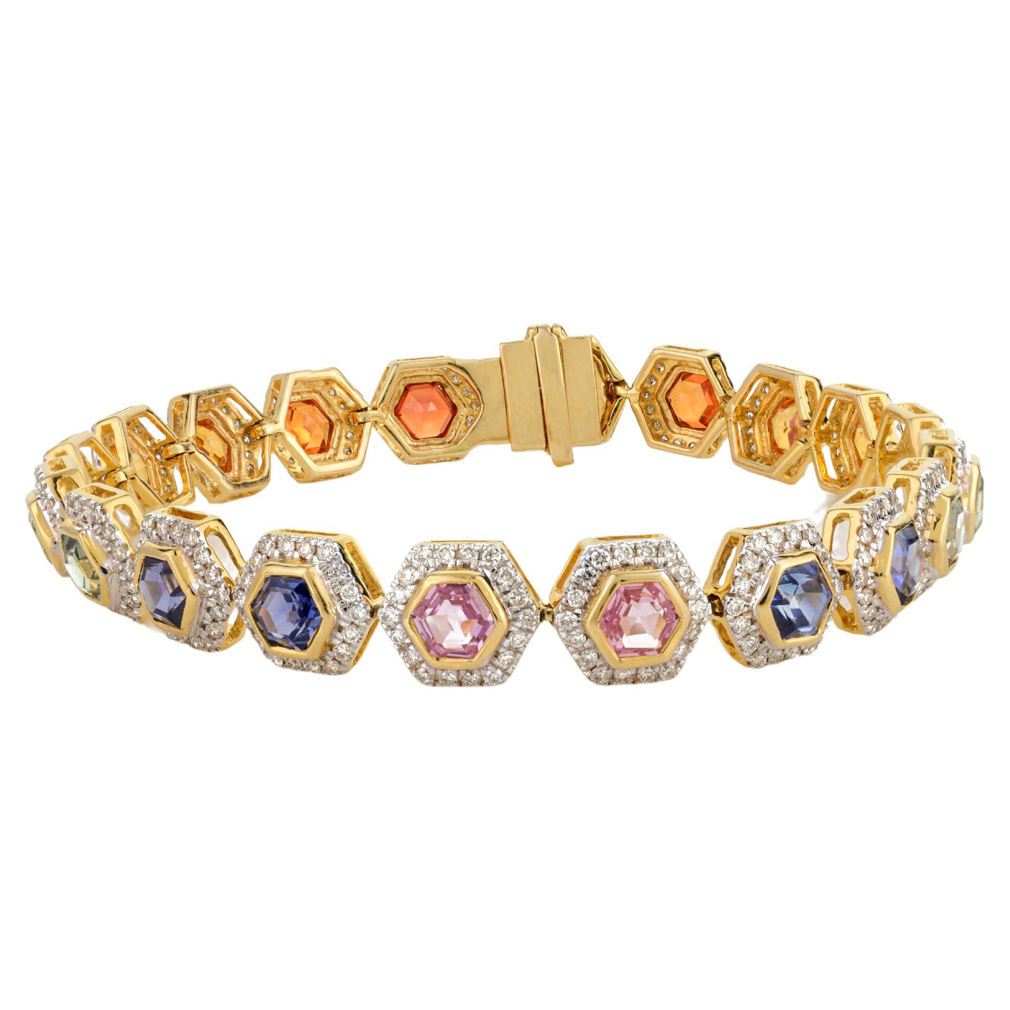 7.2 CTW Honeycomb Hexagon Multi Sapphire Diamond Halo 18k Yellow Gold Bracelet