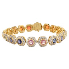 7.2 CTW Honeycomb Hexagon Multi Sapphire Diamond Halo 18k Yellow Gold Bracelet