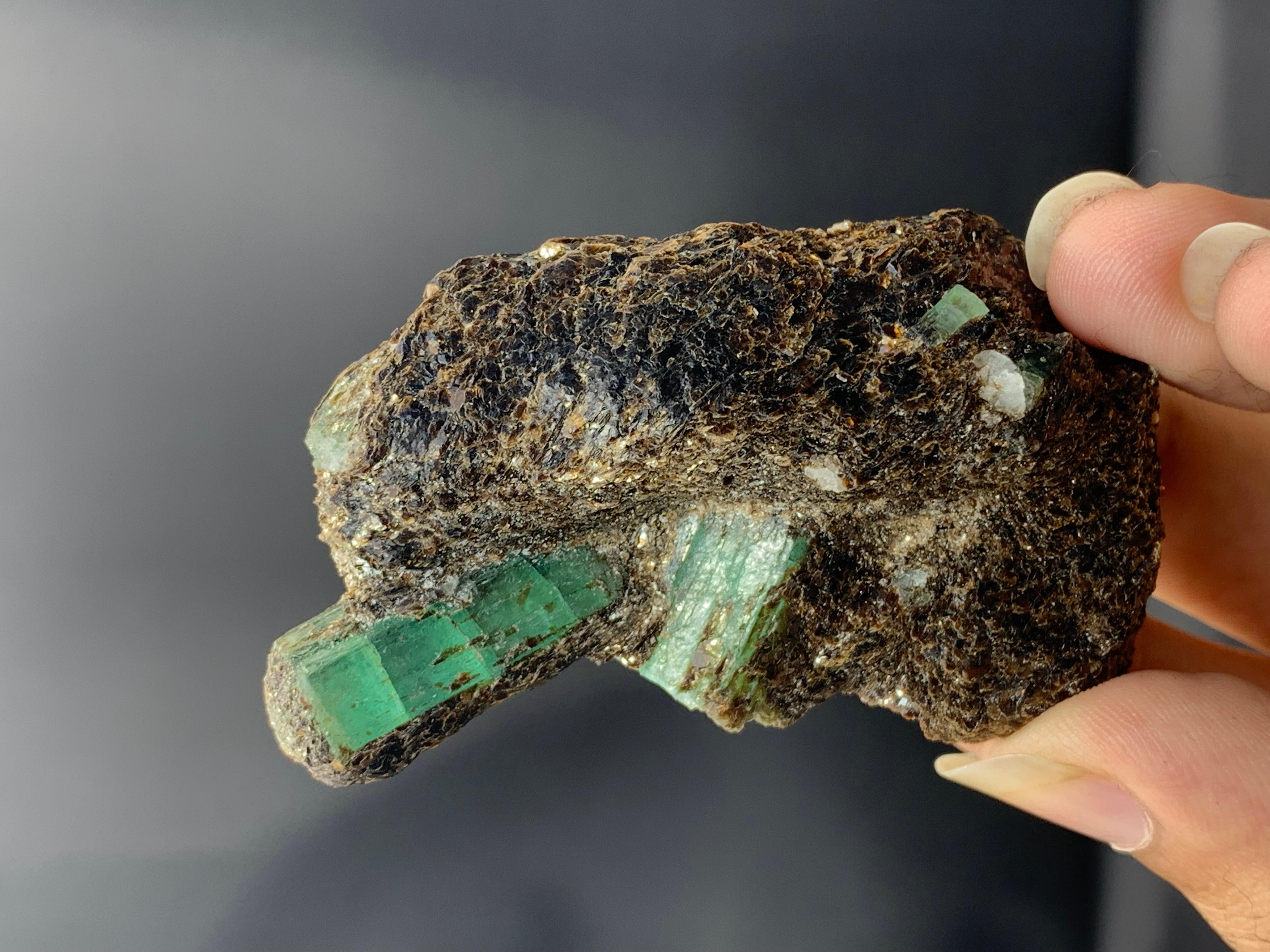 PRODUCT INFORMATION:

Specimen Type: Natural Emerald On Muscovite 
Weight: 72 Gram
Dimension: 6.8 x 4 x 2 Cm
Locality: Garam Chashma, Chitral Valley, KPK Province, Pakistan 
Treatment: None

DESCRIPTION:

This is a stunning 72 gram Natural Emerald