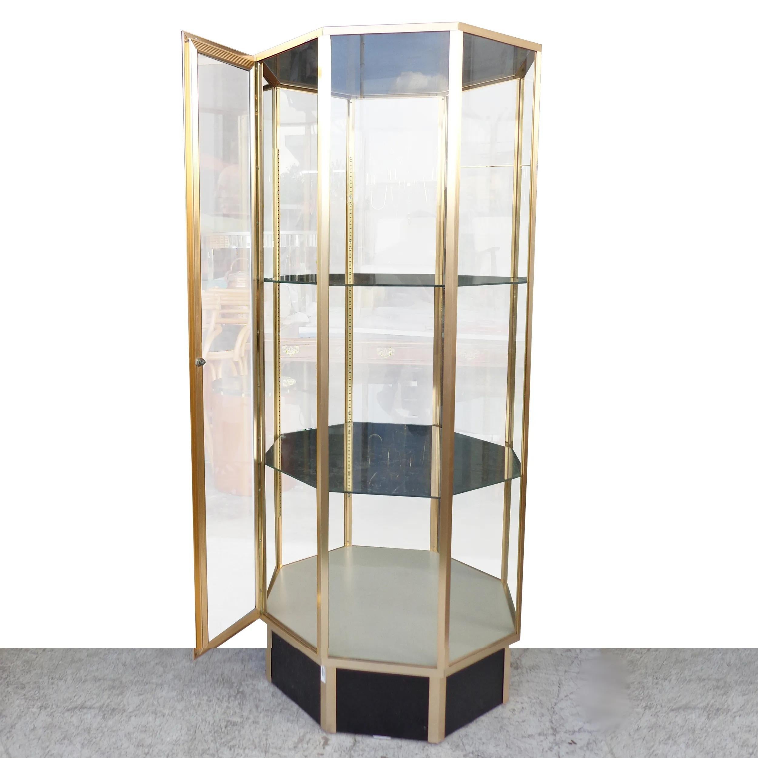 Late 20th Century Hexagon Mastercraft Style Glass Display Cabinet For Sale