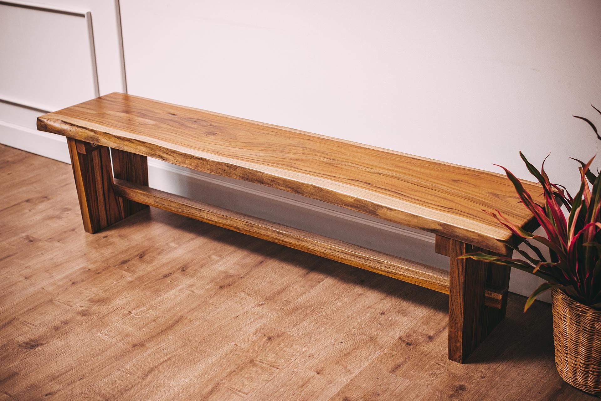 Thai 72 In Live Edge Solid Teak Plank Bench in Natural Smooth For Sale