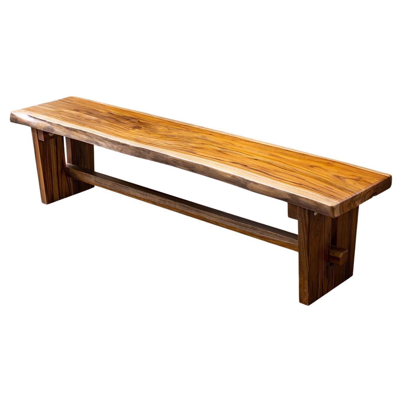 72 In Live Edge Solid Teak Plank Bench in Natural Smooth For Sale