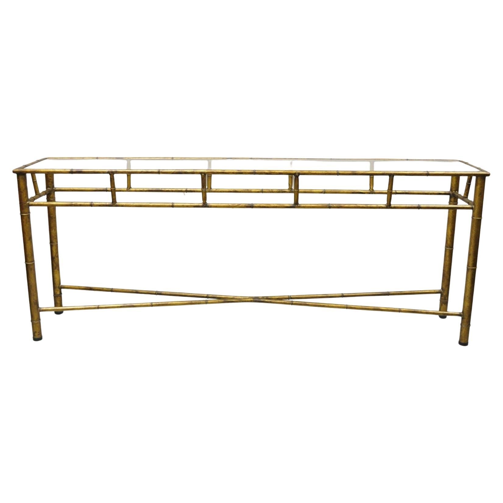 Italian Hollywood Regency Faux Bamboo Metal Lounge Console Sofa Table For Sale