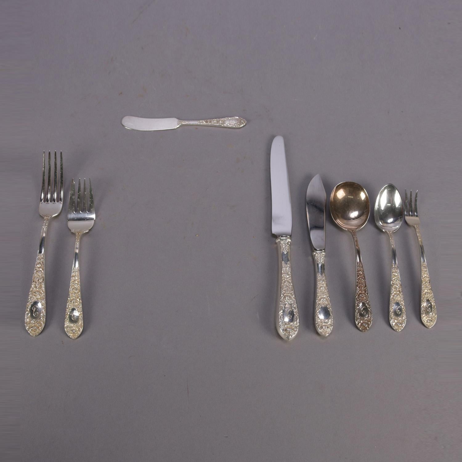 72 Pc Sterling Silver S. Kirk Stieff Rose Repousse Floral Flatware Set 83.91 Toz In Good Condition In Big Flats, NY