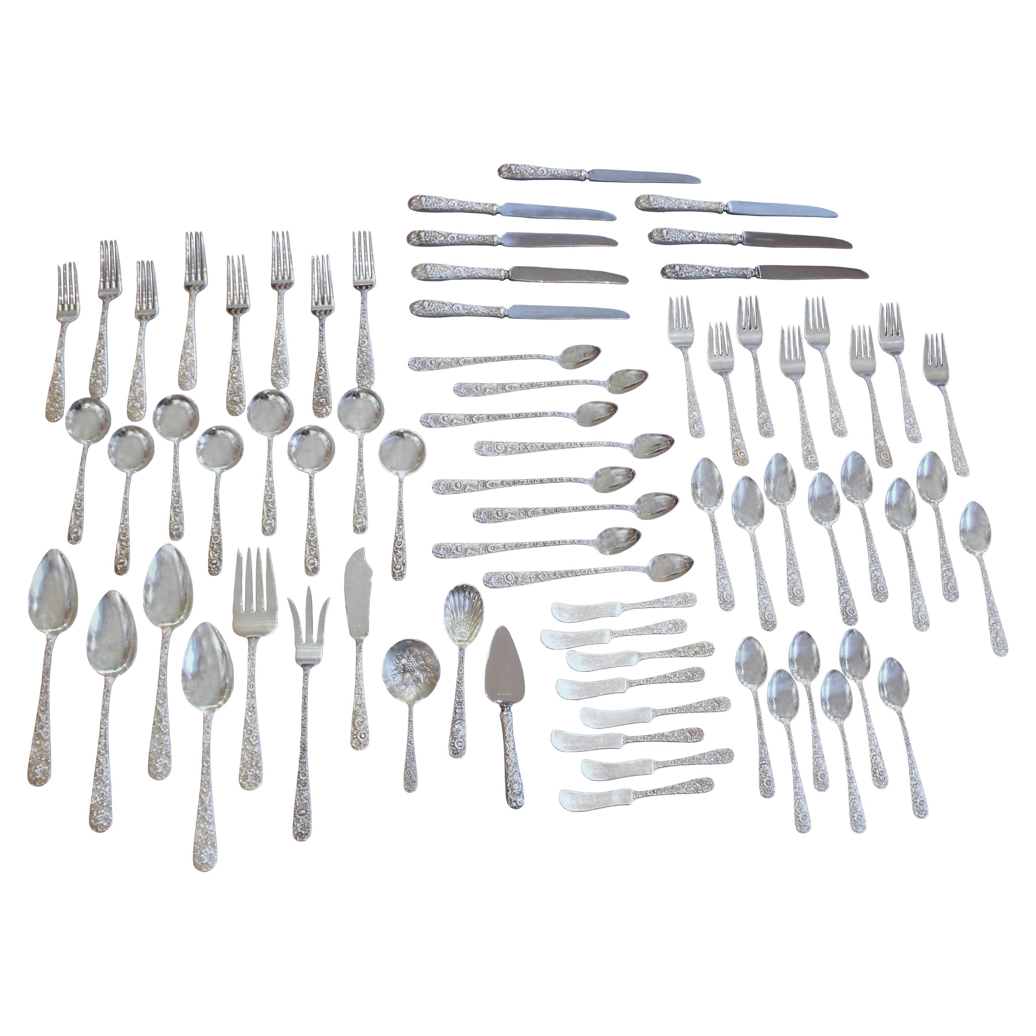 Set di posate in argento Kirk Repousse da 72 pezzi in vendita