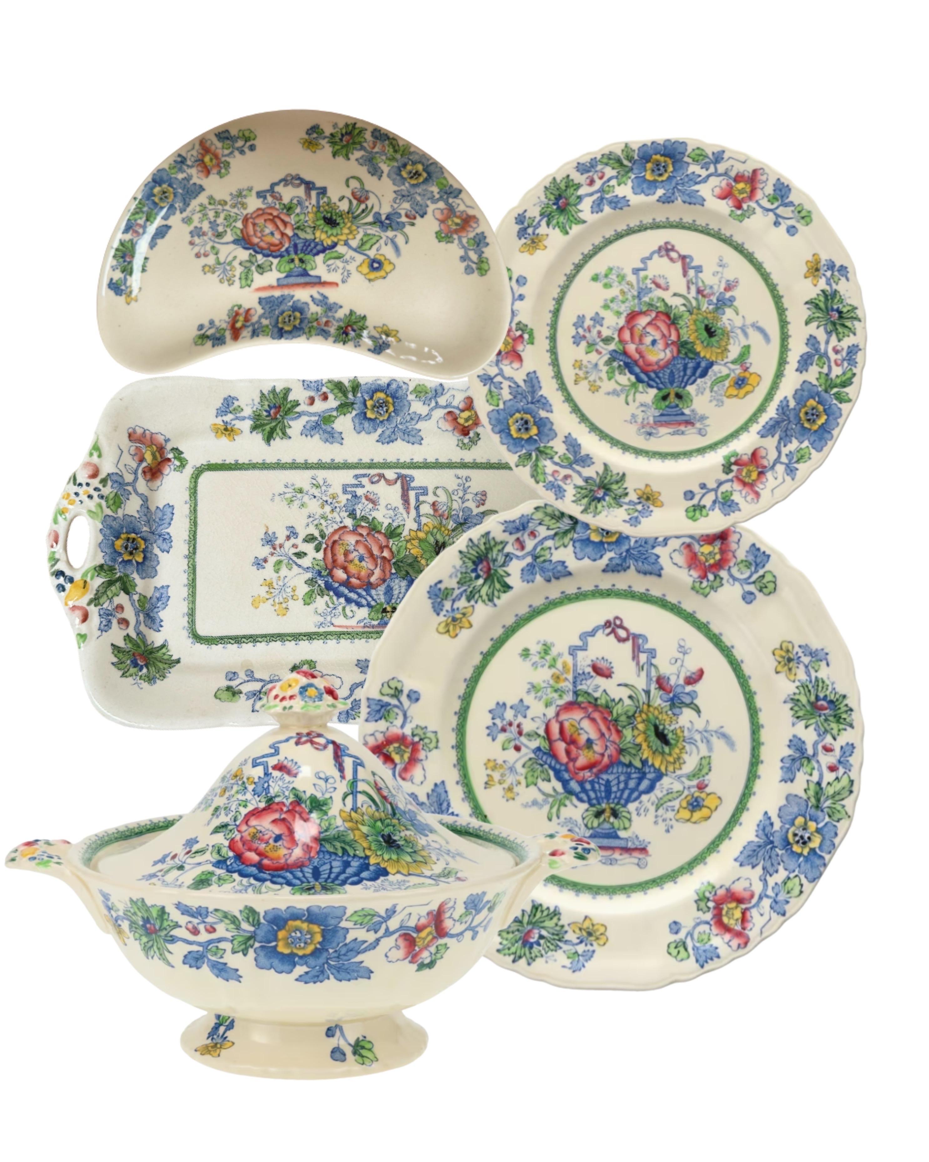 72-piece Mason's Strathmore Dinner Service, 19th Century, Pink & Blue Pattern For Sale