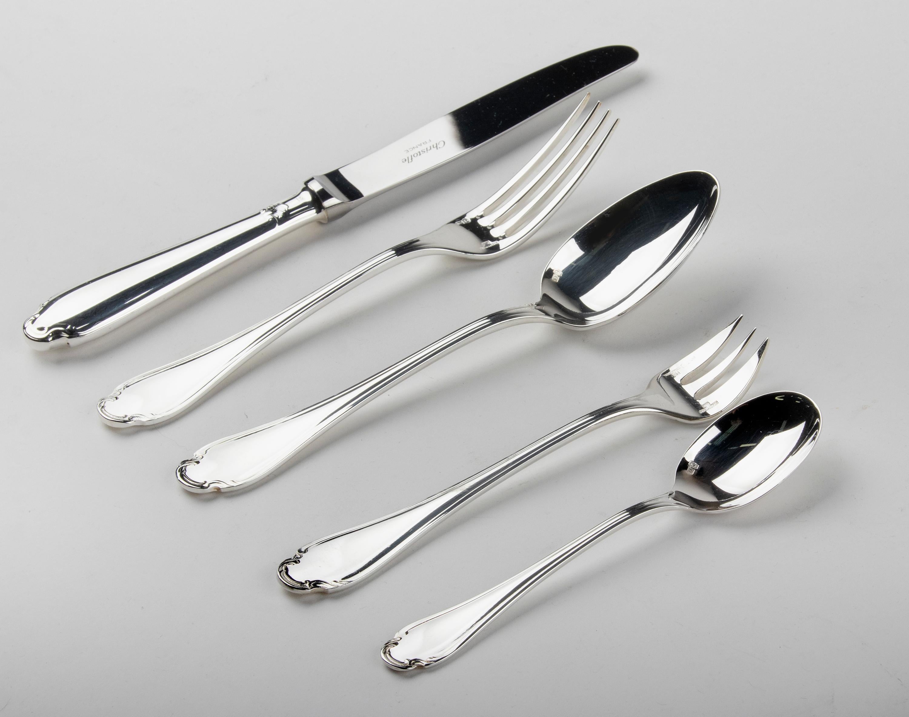 Beautiful set of silver plated flatware for 12 persons from the French quality brand Christofle. The cutlery is in absolute top condition, it has hardly been used. The silver has a beautiful shine and beautiful decorations on the handles. The name