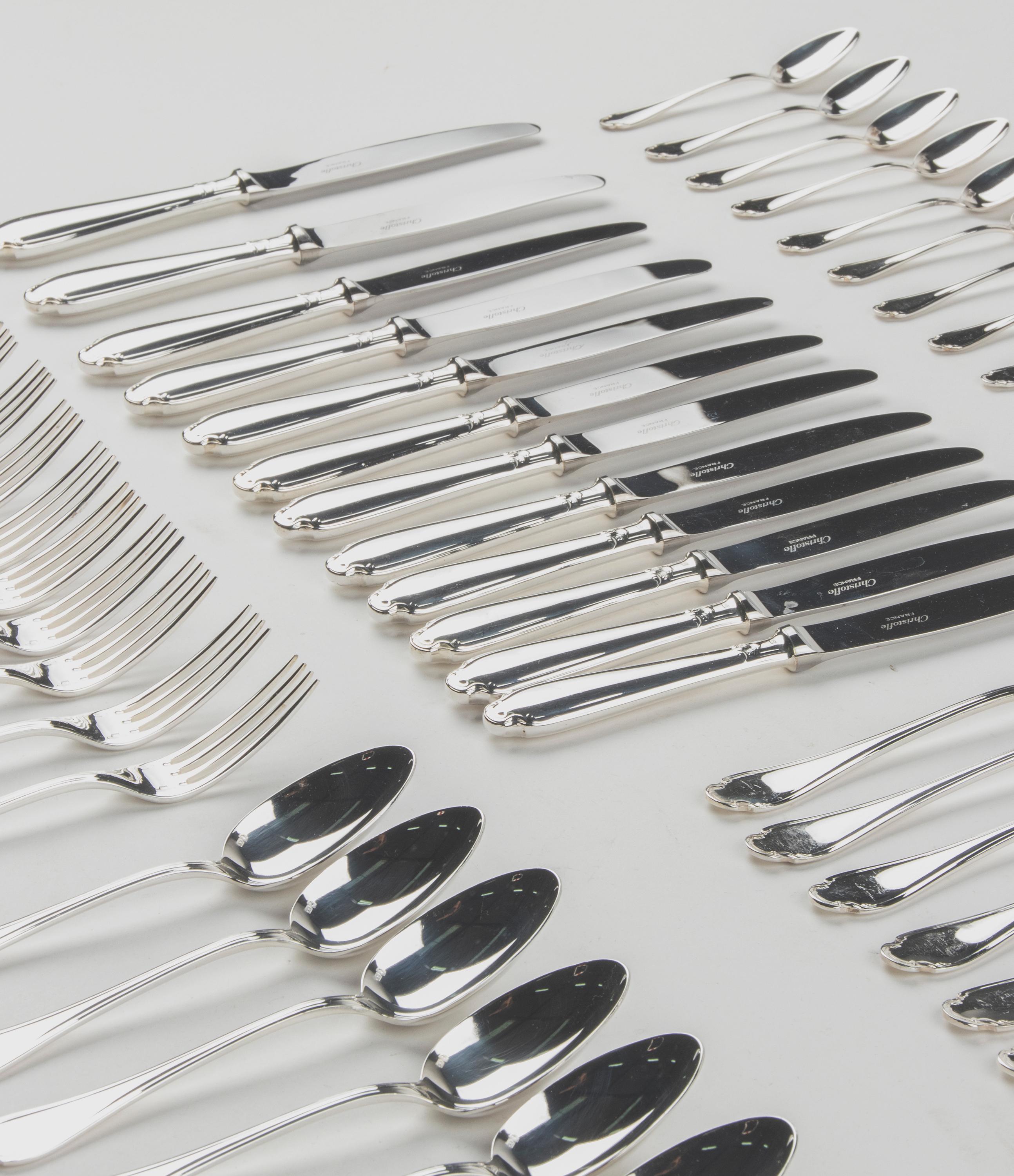 French 72-Piece Silver-Plated Lunch Flatware Set by Christofle, Pompadour