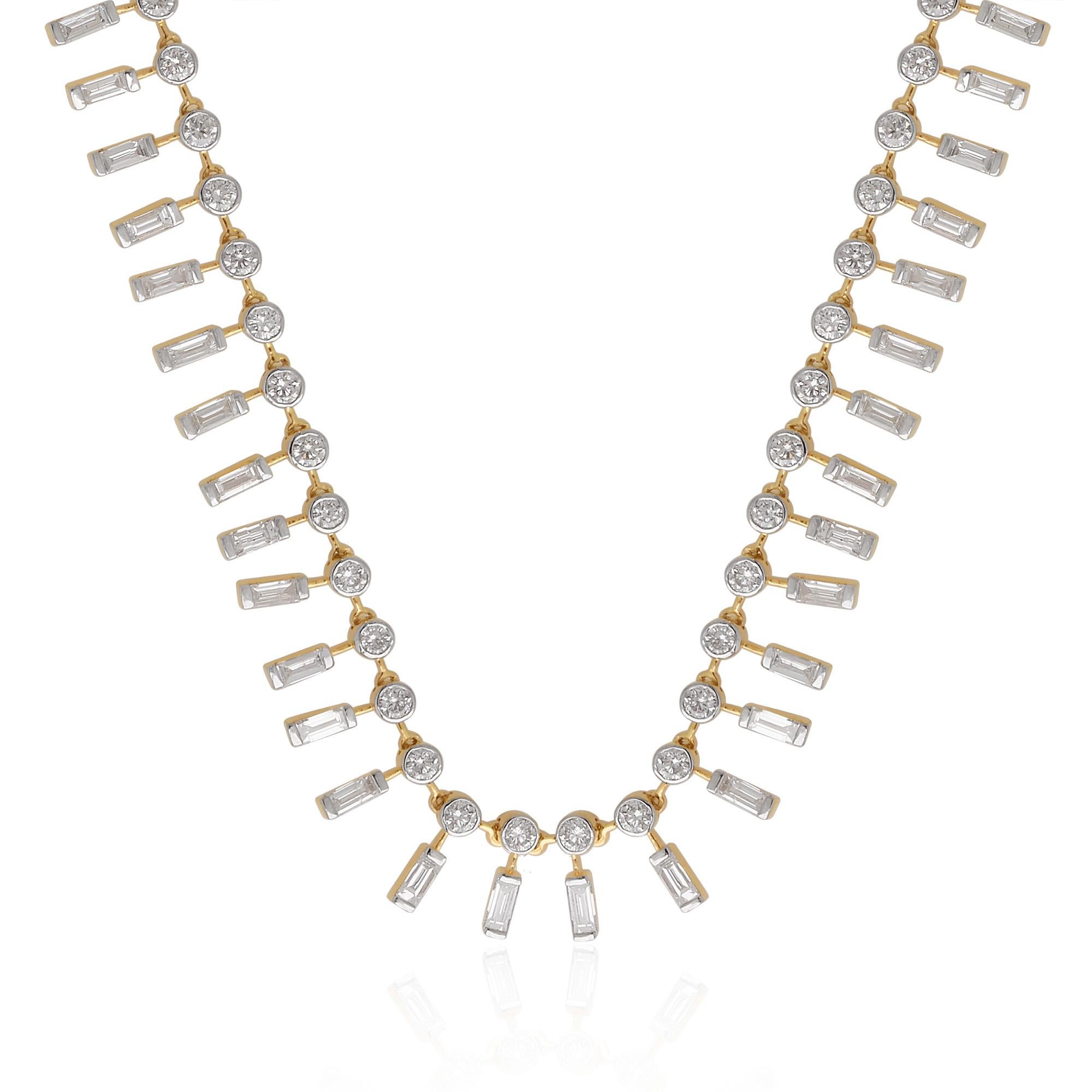 A necklace featuring 7.20 carat baguette and round diamonds in 18 karat yellow gold is a stunning and eye-catching piece of fine jewelry. The necklace typically showcases a combination of baguette-cut and round-cut diamonds as charms or pendant