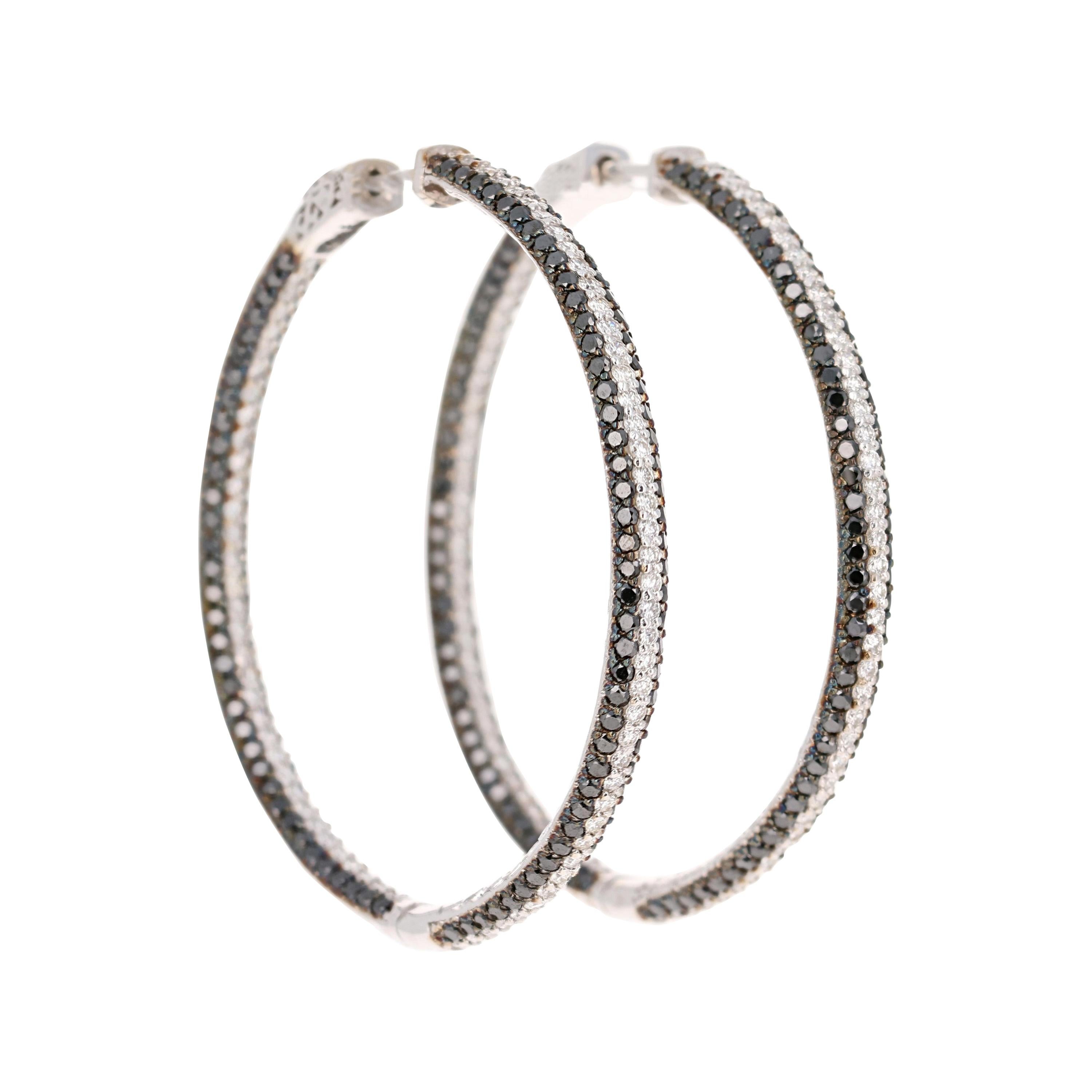 7.20 Carat Black Diamond Hoop Earrings 14 Karat White Gold