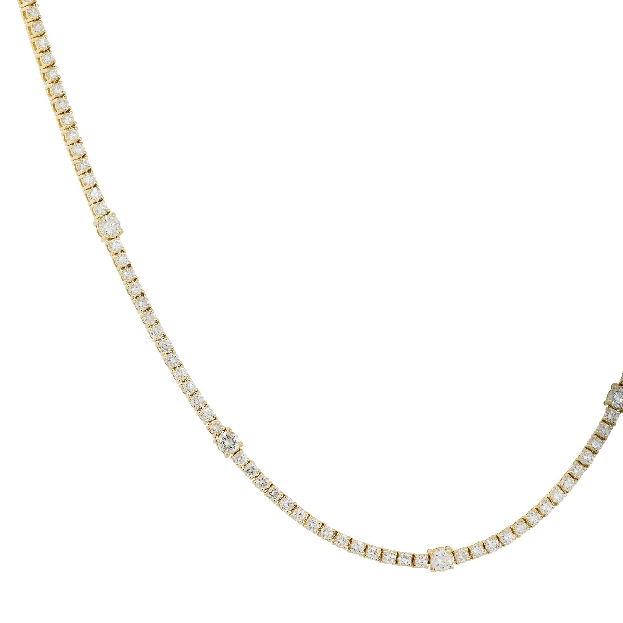 14k Yellow Gold 7.20ctw Diamond Tennis Diamond Station Necklace

Material: 14k Yellow Gold
Diamond Details: Approximately 7.20ctw of Round Brilliant Diamonds. There are 5 larger Diamond stations
Fastening: Tongue in Box Clasp
Measurements: 19